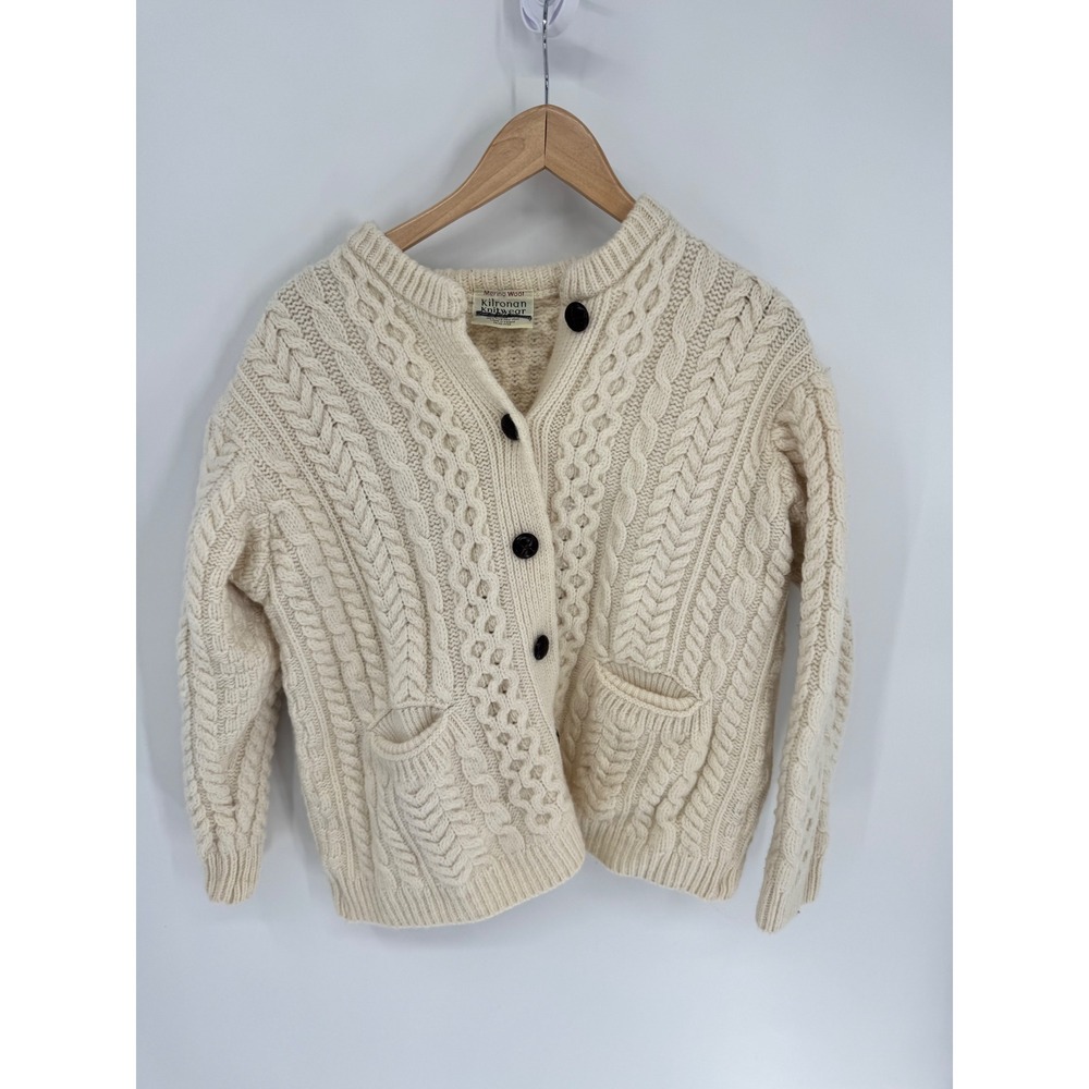 Kilronan Knitwear Cardigan Women M Cream Merino‎ Wool Cable Knit Button Front